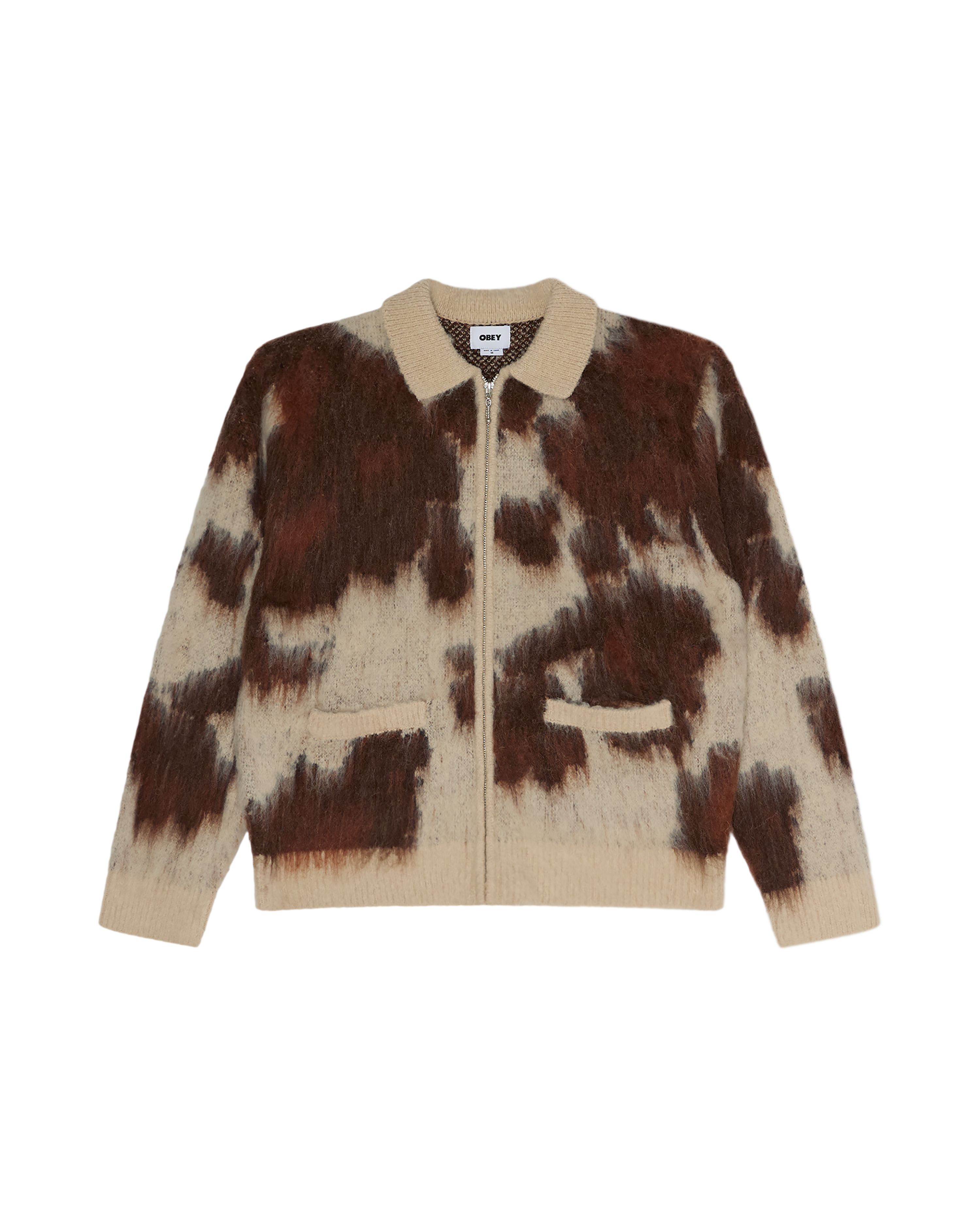 OBEY Cow Pattern Zip Sweater Cow Multi Herren Strickjacke creme braun